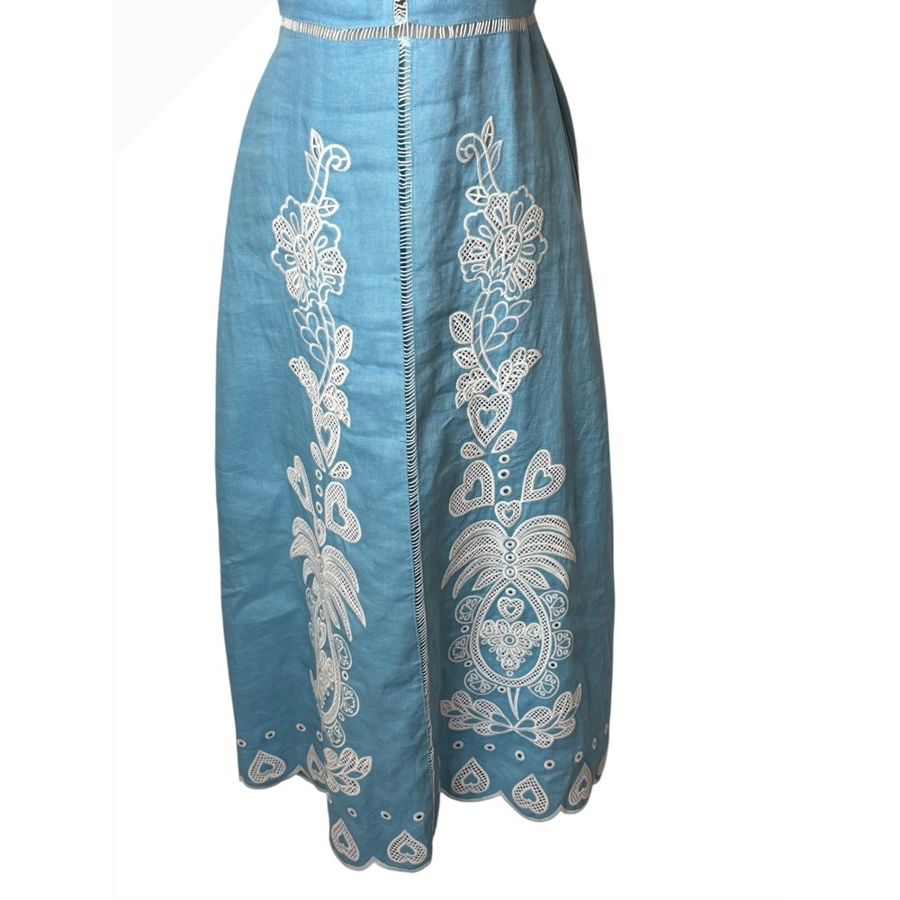 Farm Rio Midi Dress Women Medium Blue Embroidered Linen Open Back Scallop Boho - Picture 7 of 12